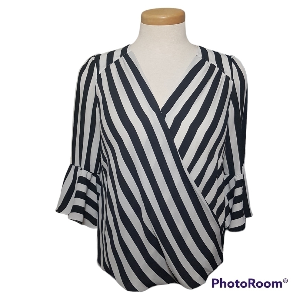 Inc International Concepts Striped Faux Wrap Bell Sleeve Sheer Blouse